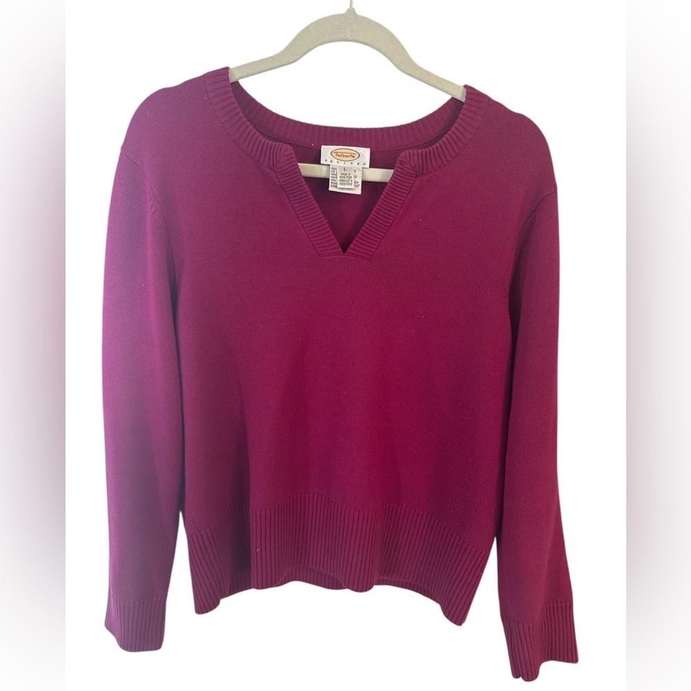Talbots Petites Magenta Sweater Size L Split Neck Cotton Knit - Picture 2 of 5